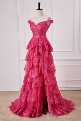 Fuchsia Off-The-Shoulder Tiered Sequined Party Dresses with Slit
