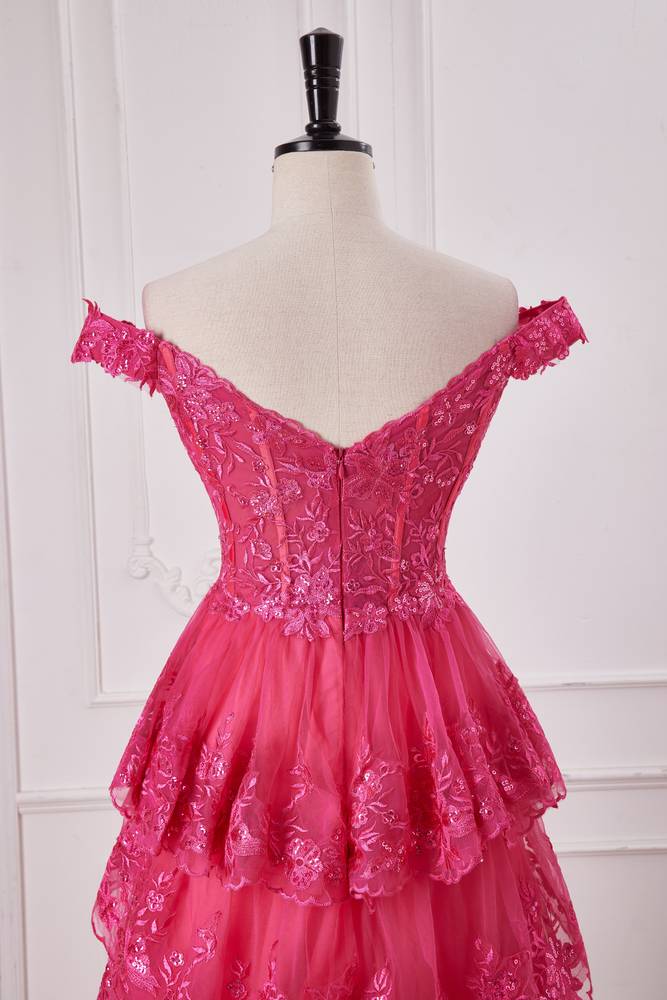 Fuchsia Off-The-Shoulder Tiered Sequined Party Dresses with Slit