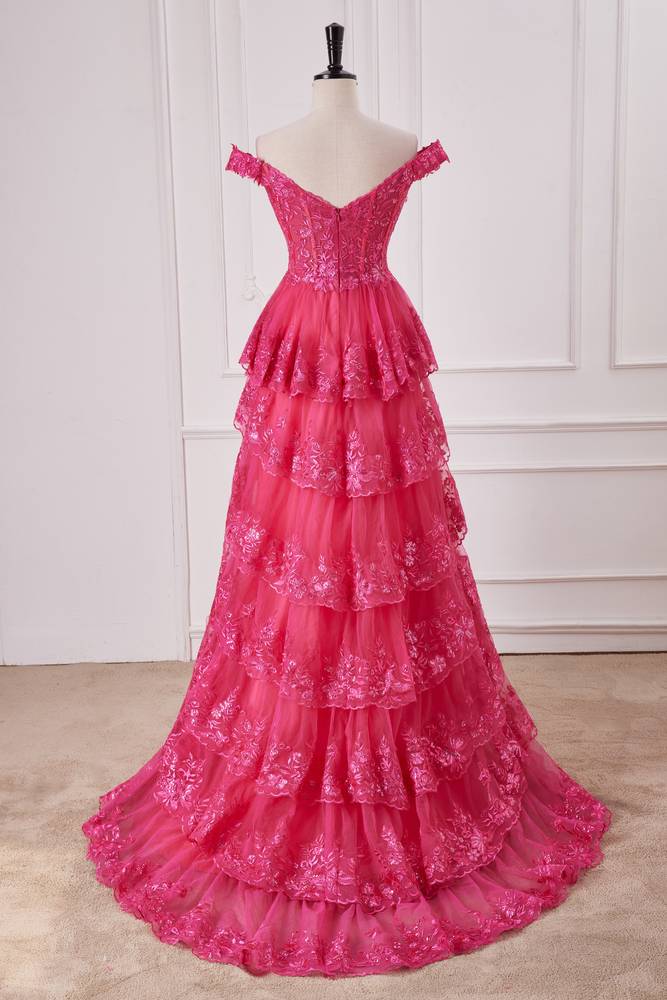 Fuchsia Off-The-Shoulder Tiered Sequined Party Dresses with Slit