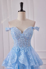 Pool Off-The-Shoulder Tiered Sequined Party Dresses with Slit