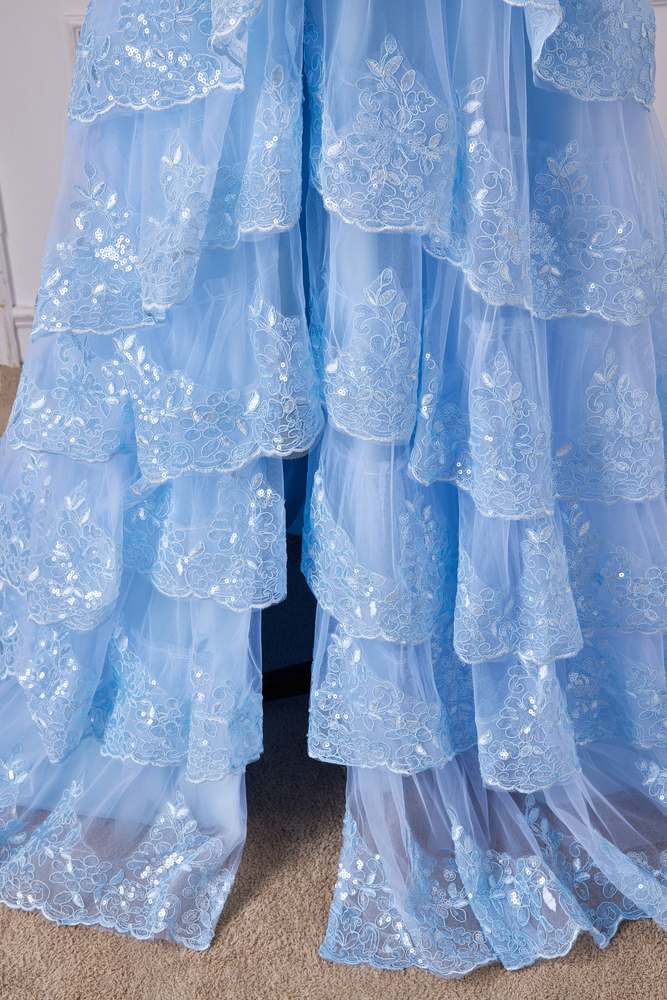 Pool Off-The-Shoulder Tiered Sequined Party Dresses with Slit