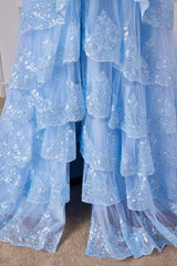 Pool Off-The-Shoulder Tiered Sequined Party Dresses with Slit