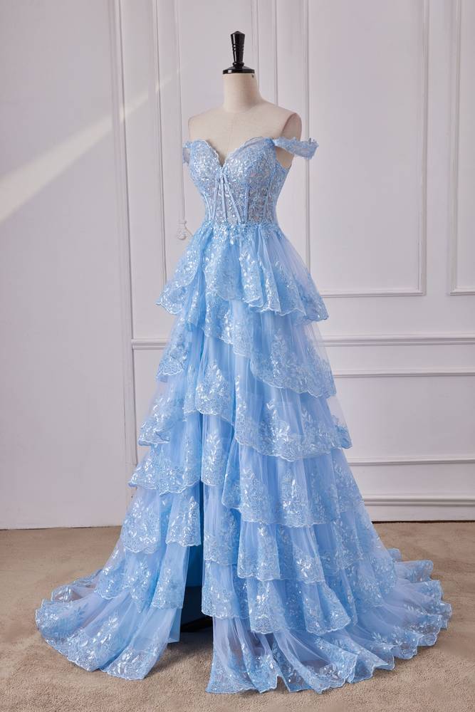 Pool Off-The-Shoulder Tiered Sequined Party Dresses with Slit