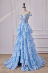 Pool Off-The-Shoulder Tiered Sequined Party Dresses with Slit