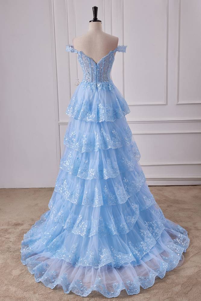 Pool Off-The-Shoulder Tiered Sequined Party Dresses with Slit