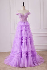 Light Purple Off-The-Shoulder Tiered Tulle Prom Dresses with Appliques