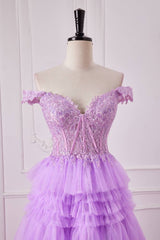 Light Purple Off-The-Shoulder Tiered Tulle Prom Dresses with Appliques