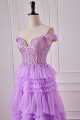 Light Purple Off-The-Shoulder Tiered Tulle Prom Dresses with Appliques