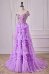 Light Purple Off-The-Shoulder Tiered Tulle Prom Dresses with Appliques