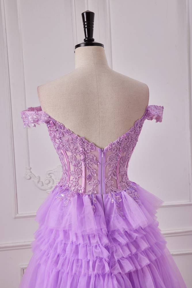Light Purple Off-The-Shoulder Tiered Tulle Prom Dresses with Appliques