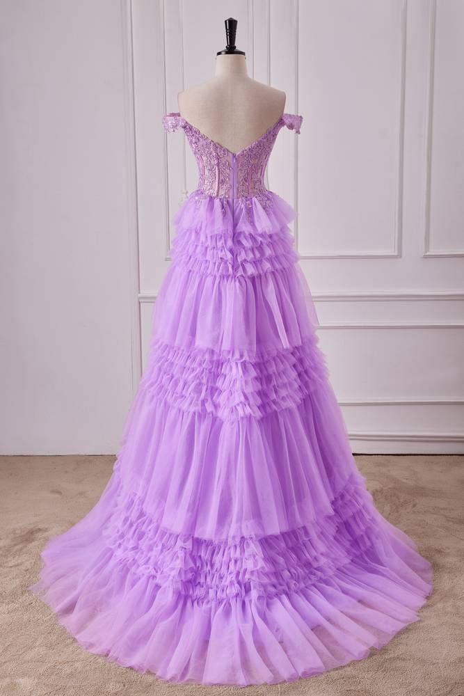 Light Purple Off-The-Shoulder Tiered Tulle Prom Dresses with Appliques