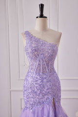 Lilac One-Shoulder Mermaid Sequined Prom Dresses with Silt