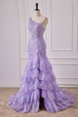 Lilac One-Shoulder Mermaid Sequined Prom Dresses with Silt