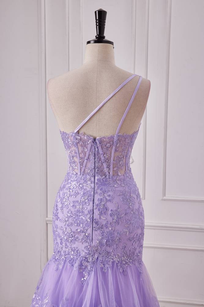 Lilac One-Shoulder Mermaid Sequined Prom Dresses with Silt