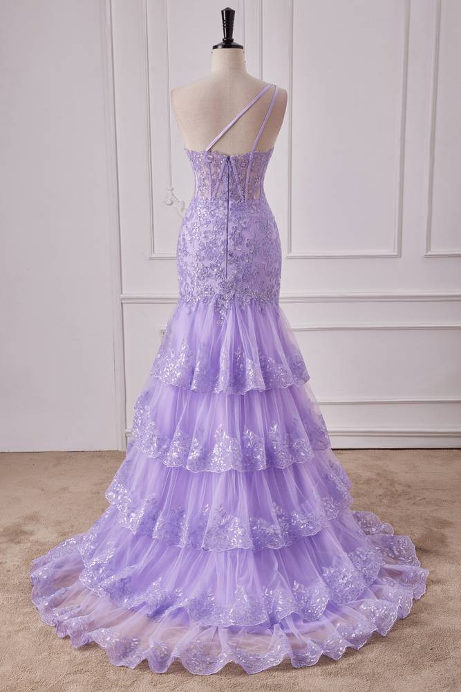 Lilac One-Shoulder Mermaid Sequined Prom Dresses with Silt