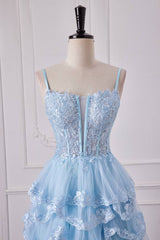 Sky Blue Spaghetti Straps Backless Prom Dresses with Slit