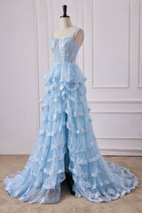 Sky Blue Spaghetti Straps Backless Prom Dresses with Slit