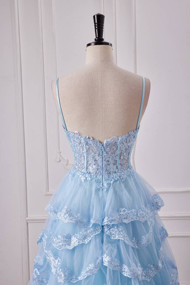 Sky Blue Spaghetti Straps Backless Prom Dresses with Slit