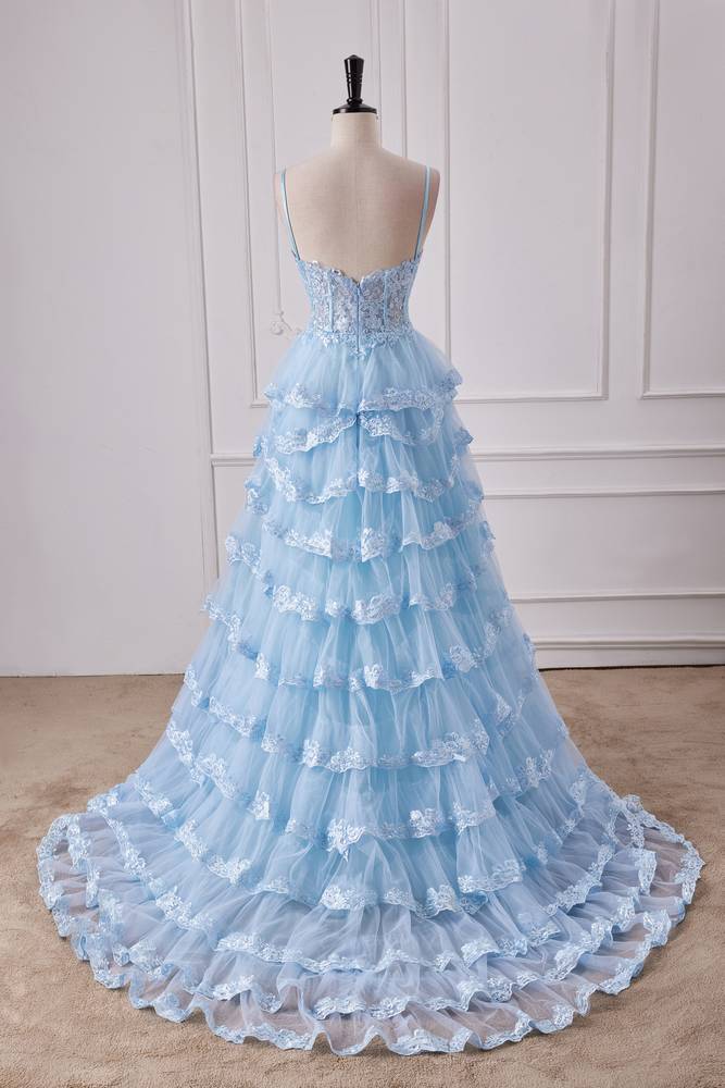 Sky Blue Spaghetti Straps Backless Prom Dresses with Slit