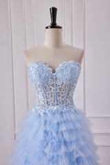 Sky Blue Beaded Strapless Split Front Prom Dresses with Aplliques