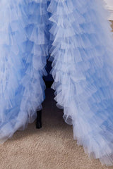 Sky Blue Beaded Strapless Split Front Prom Dresses with Aplliques