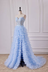 Sky Blue Beaded Strapless Split Front Prom Dresses with Aplliques