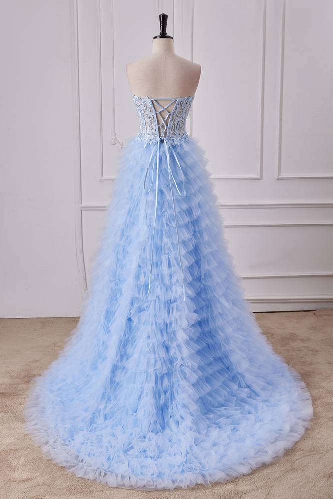 Sky Blue Beaded Strapless Split Front Prom Dresses with Aplliques