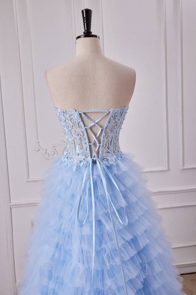 Sky Blue Beaded Strapless Split Front Prom Dresses with Aplliques