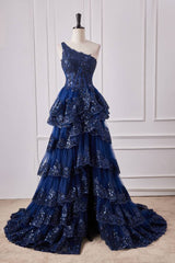 Dark Navy One-Shoulder Tiered Sequined Tulle Prom Dresses with Slit