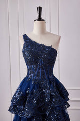 Dark Navy One-Shoulder Tiered Sequined Tulle Prom Dresses with Slit