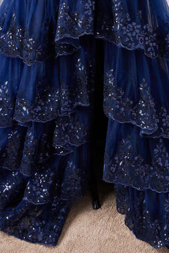 Dark Navy One-Shoulder Tiered Sequined Tulle Prom Dresses with Slit