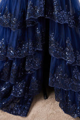Dark Navy One-Shoulder Tiered Sequined Tulle Prom Dresses with Slit