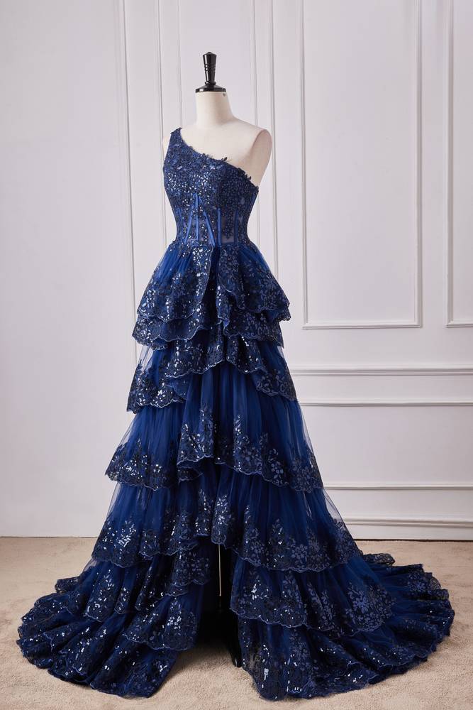 Dark Navy One-Shoulder Tiered Sequined Tulle Prom Dresses with Slit