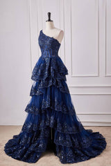 Dark Navy One-Shoulder Tiered Sequined Tulle Prom Dresses with Slit