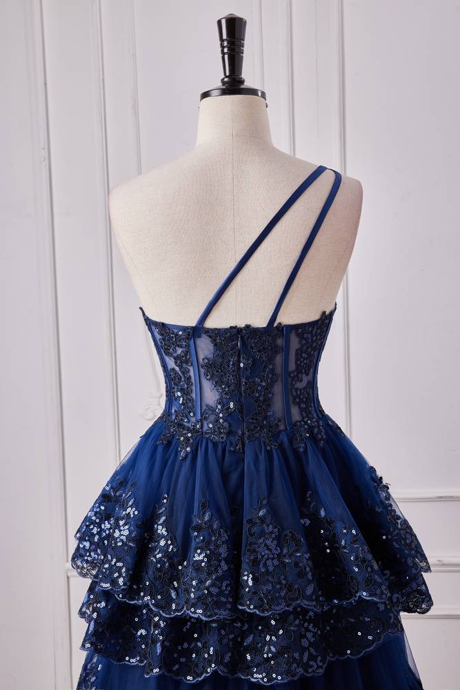 Dark Navy One-Shoulder Tiered Sequined Tulle Prom Dresses with Slit
