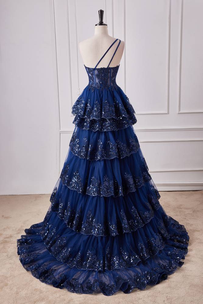 Dark Navy One-Shoulder Tiered Sequined Tulle Prom Dresses with Slit