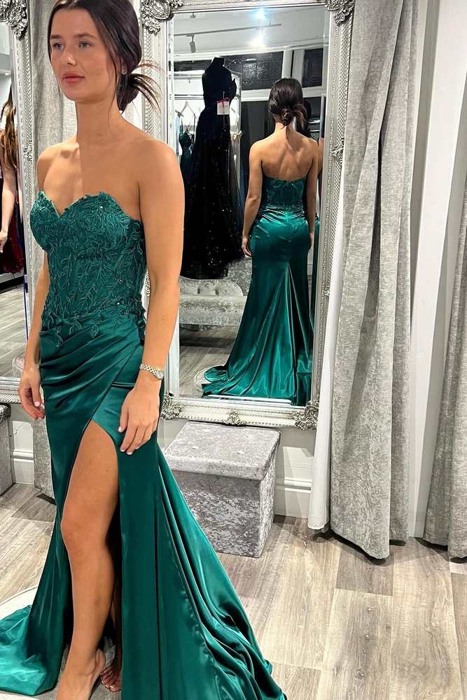 Dark Green Strapless Split Front Satin Mermaid Prom Dresses with Ruffles