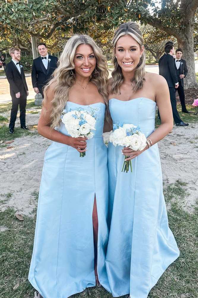 Light Blue Mermaid Strapless Split Front Bridesmaid Dresses with Bow