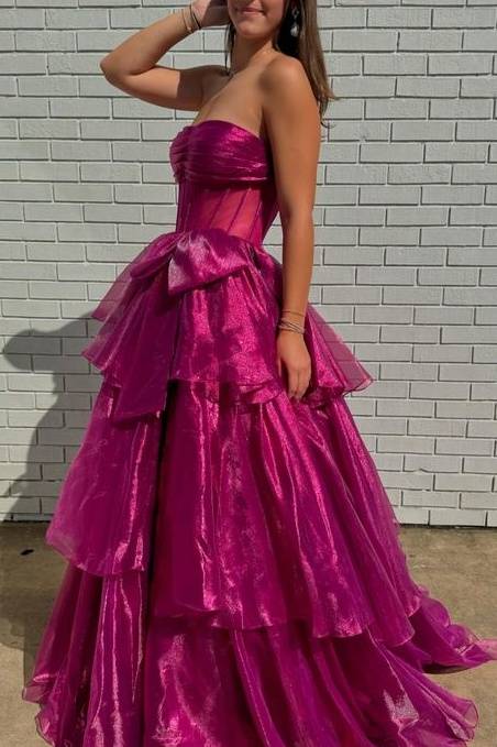 Strapless Long A-Line Tulle Formal Dresses with Bow