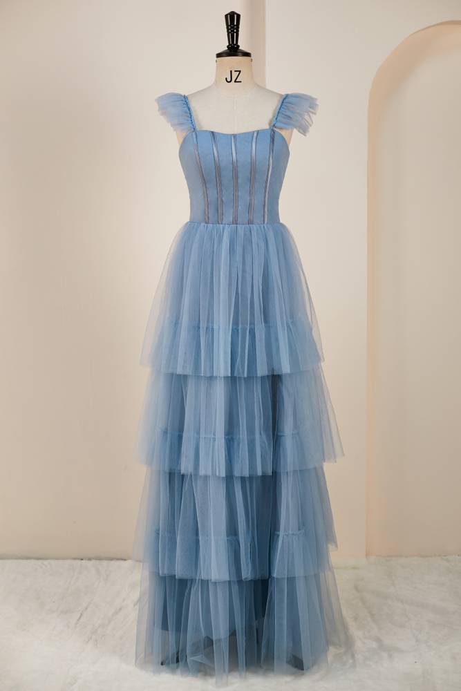 Blue Floor-Length Sleeveless A-Line Tulle Prom Dresses