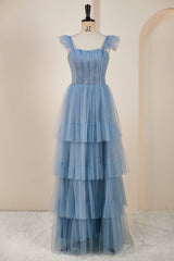 Blue Floor-Length Sleeveless A-Line Tulle Prom Dresses