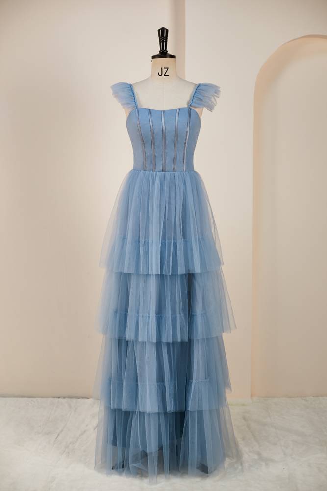 Blue Floor-Length Sleeveless A-Line Tulle Prom Dresses
