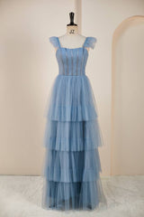 Blue Floor-Length Sleeveless A-Line Tulle Prom Dresses