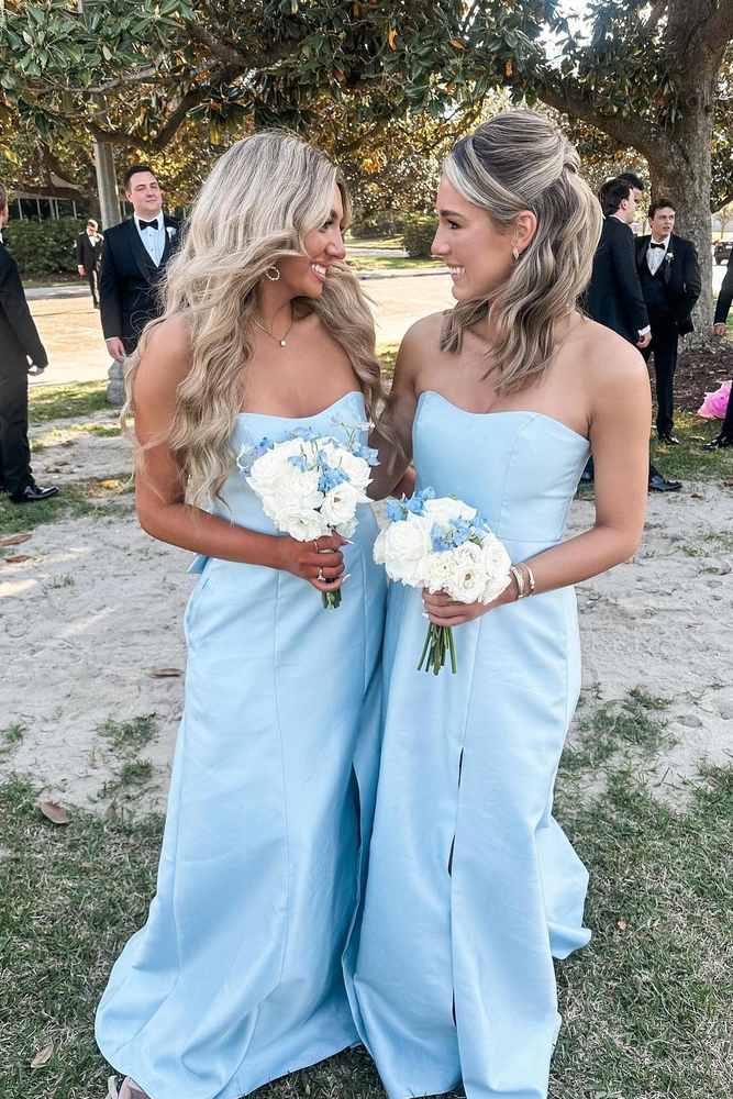 Light Blue Mermaid Strapless Split Front Bridesmaid Dresses with Bow