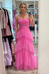 Pink Square Neck Sleeveless A-Line Evening Formal Dresses with Ruffles