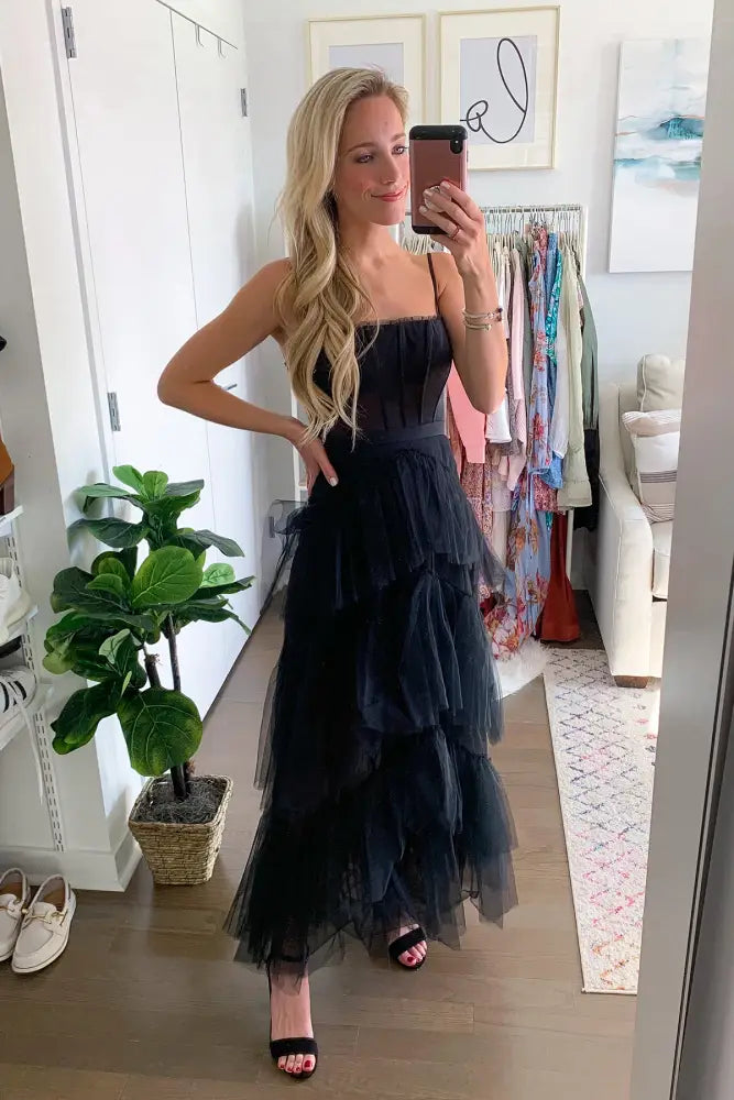 Black Square Neck Sleeveless A-Line Evening Formal Dresses with Ruffles