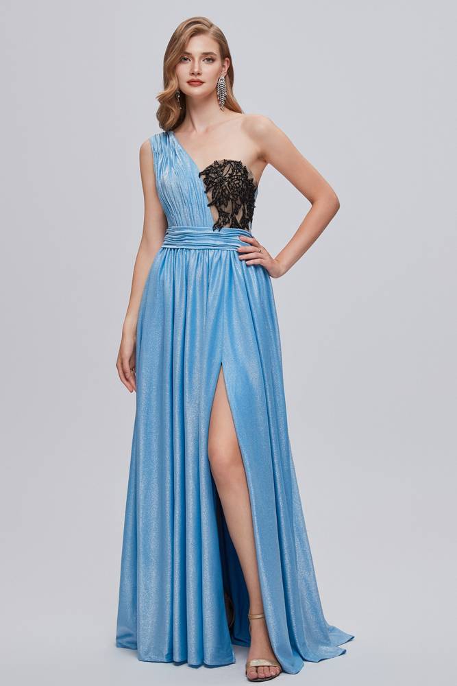 Blue One-Shoulder Sleeveless A-Line Satin Formal Dresses with Slit