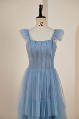 Blue Floor-Length Sleeveless A-Line Tulle Prom Dresses