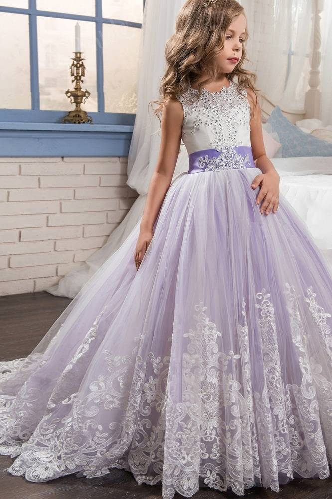 Lavender A-Line Sleeveless Tulle Flower Girl Dresses with Bow