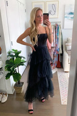 Black Square Neck Sleeveless A-Line Evening Formal Dresses with Ruffles